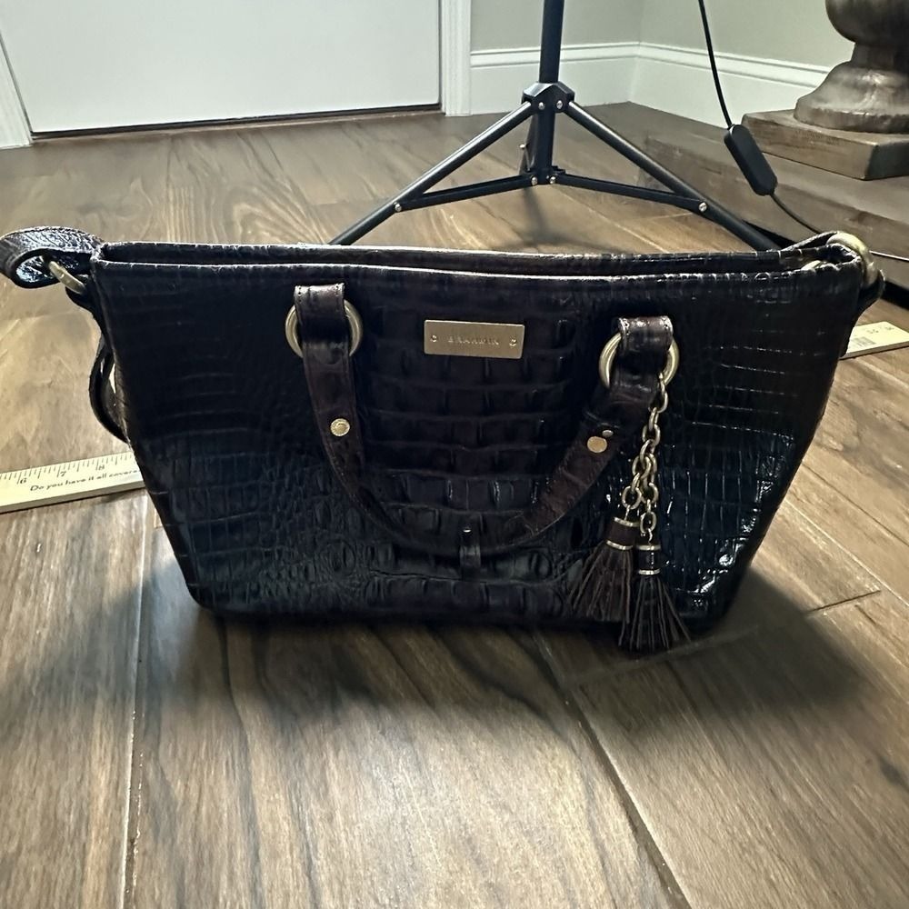 Brahmin Dark Brown Croc Embossed Leather Satchel Shoulder Bag with Tassels